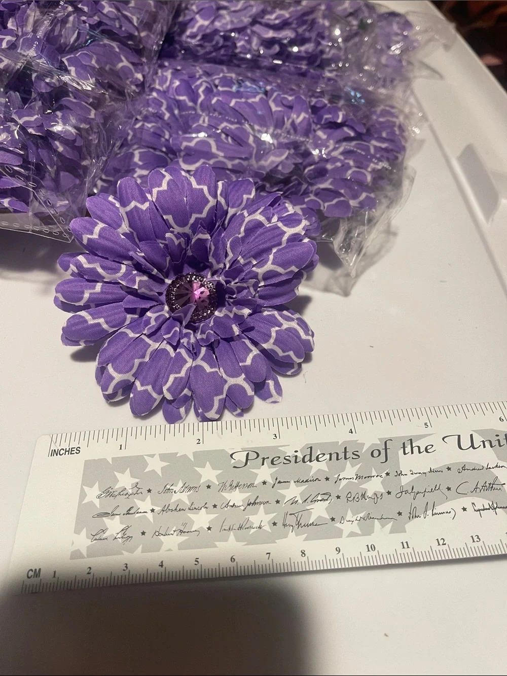 Purple & White Floral Fabric Flowers diy 3 dozen large crafts rhinestone Center